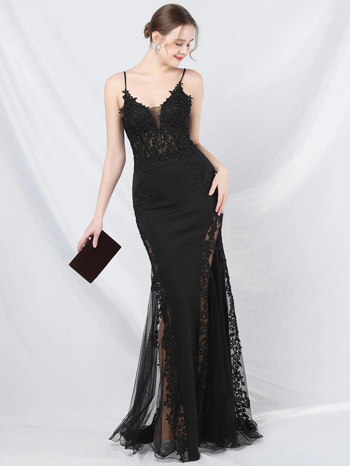Women's Sheer Lace Mesh Maxi Evening Dress