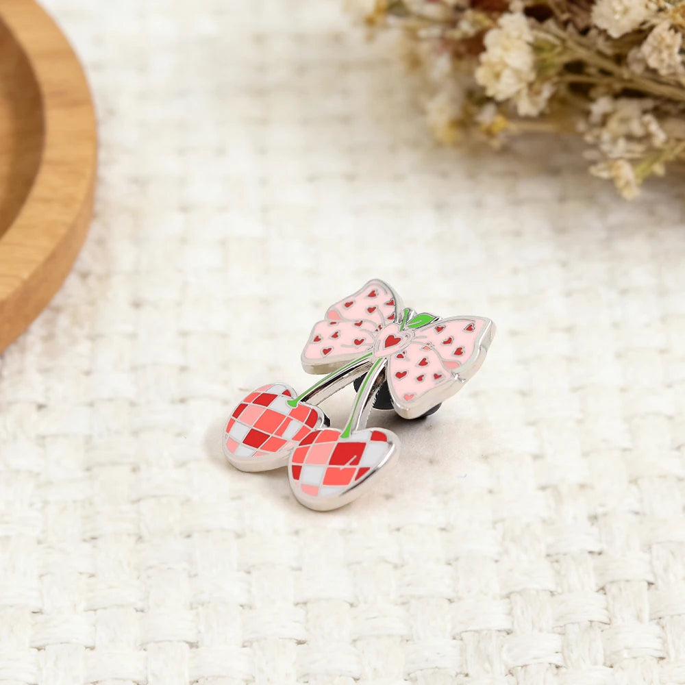 Plaid Cherry Bow Enamel Brooch