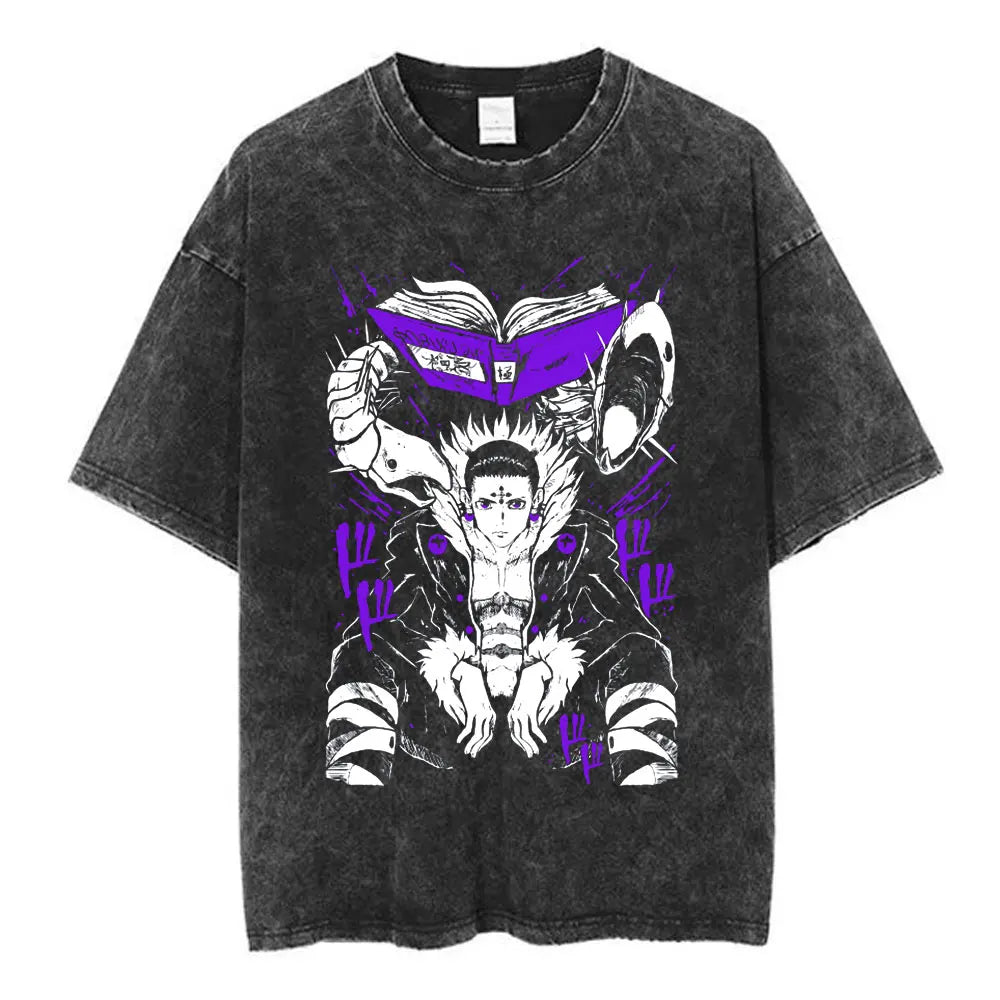 Anime Hunter X Hunter Logo Vintage Washed T Shirt Killua Gon Cherry Blossom Graphic T-shirt Men Fashion Casual Oversized Tshirt