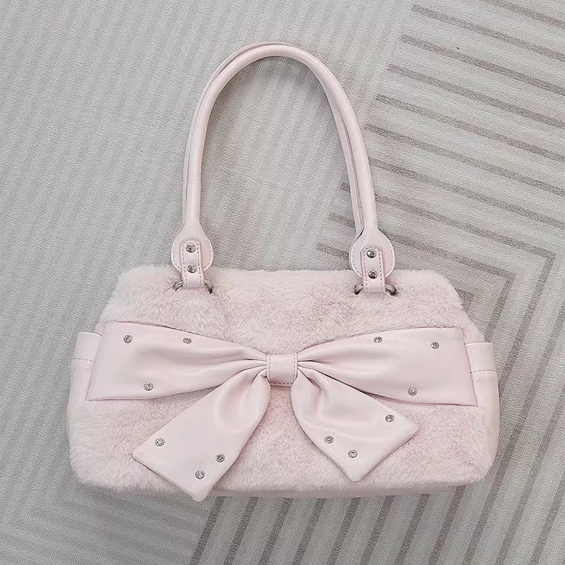 Plush Pink Bow Shoulder Bag