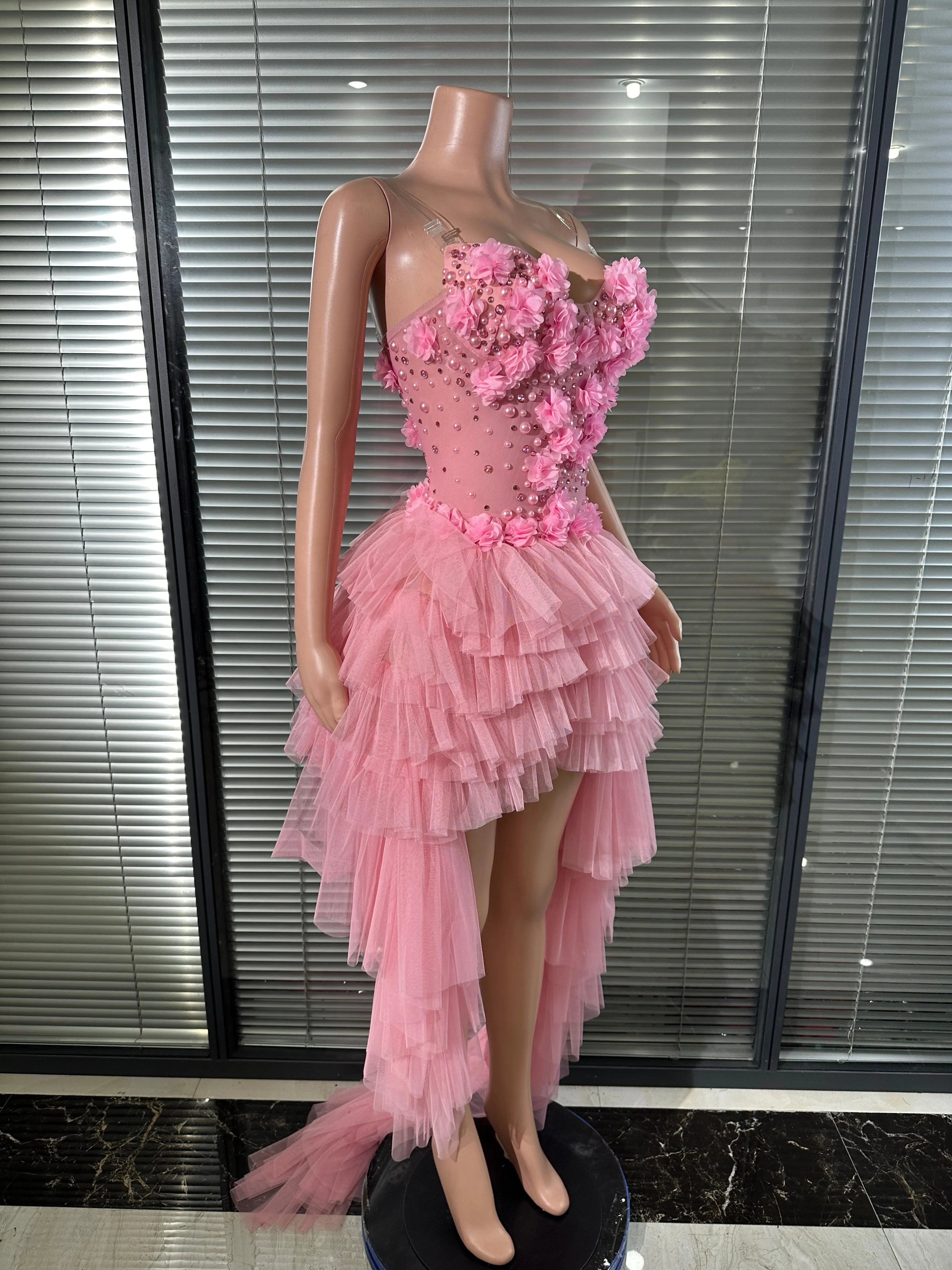 Sexy Pink 3D Floral Tulle Mini Dress Spaghetti Strap Rhinestone Embellished Layered Tulle High Low Outfit Birthday Party Costume