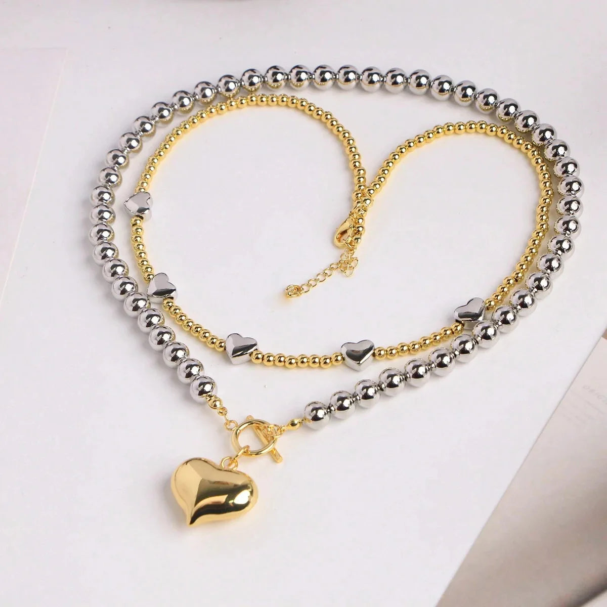 Stainless Steel Heart & Bead Toggle Necklace