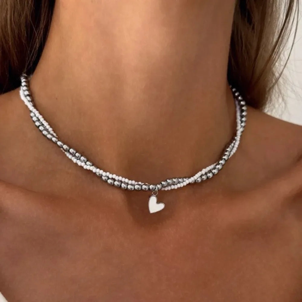 Layered Heart Pendant Beaded Necklace