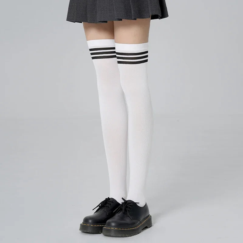 Women Thigh High Socks Striped Girls JK Long Stockings Female Ultra Thin Breathable Nylon Over Knee Socks Lady Sport Leg Warmers