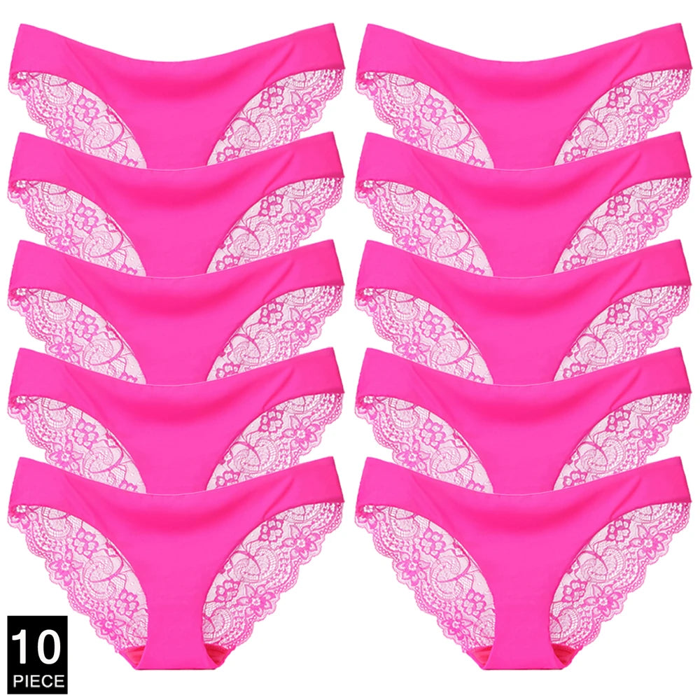 Sexy plus Size Women's Seamless Lingerie Transparent Lace Bikini Briefs Cotton Fabric Underwear 10pc Set Lady Girl Intimates