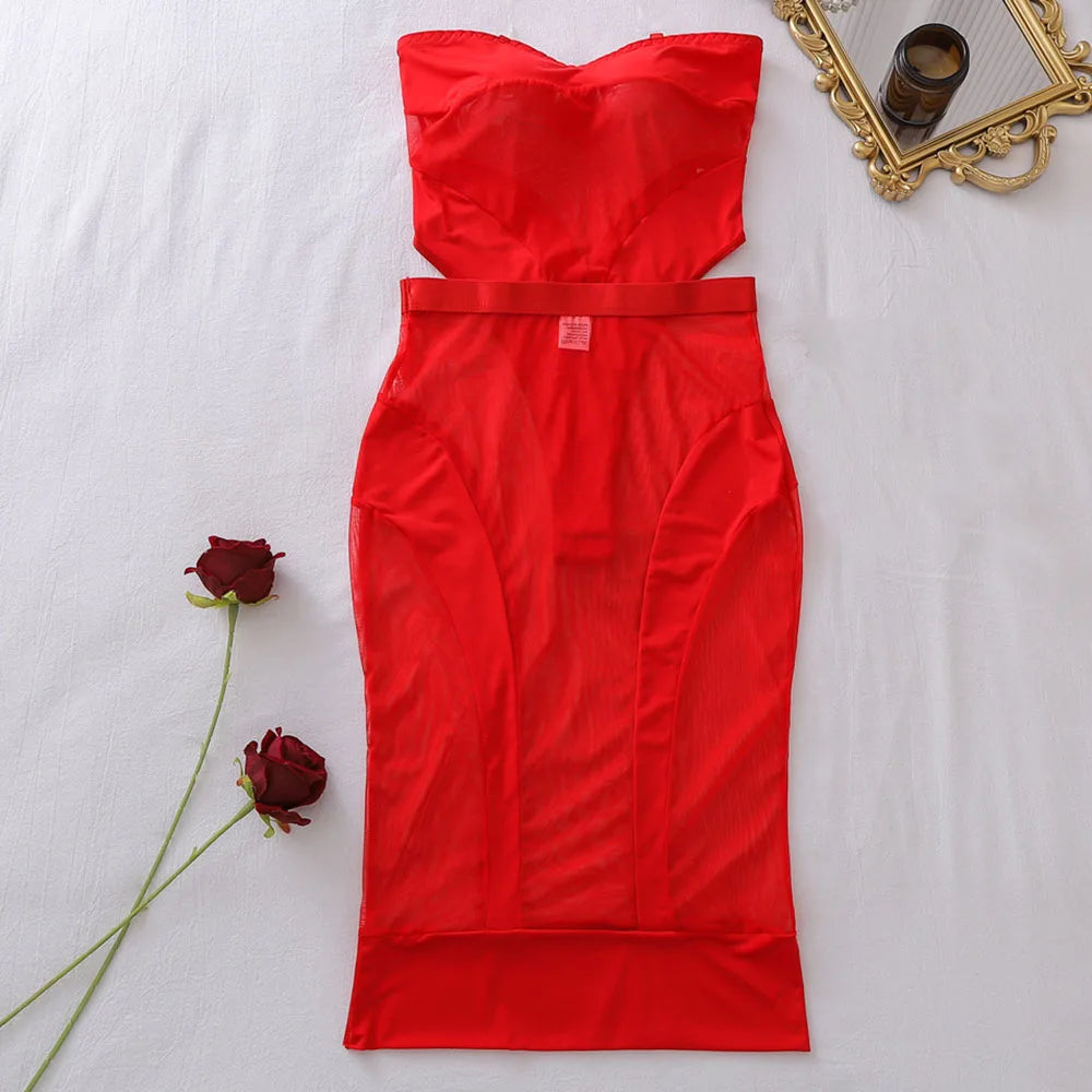 Sexy Exotic Lingerie See Through Mesh Bodysuit Slim Strapless Long Skirt 2PCS Set Lingerie Seductive Splicing Fancy Clothing