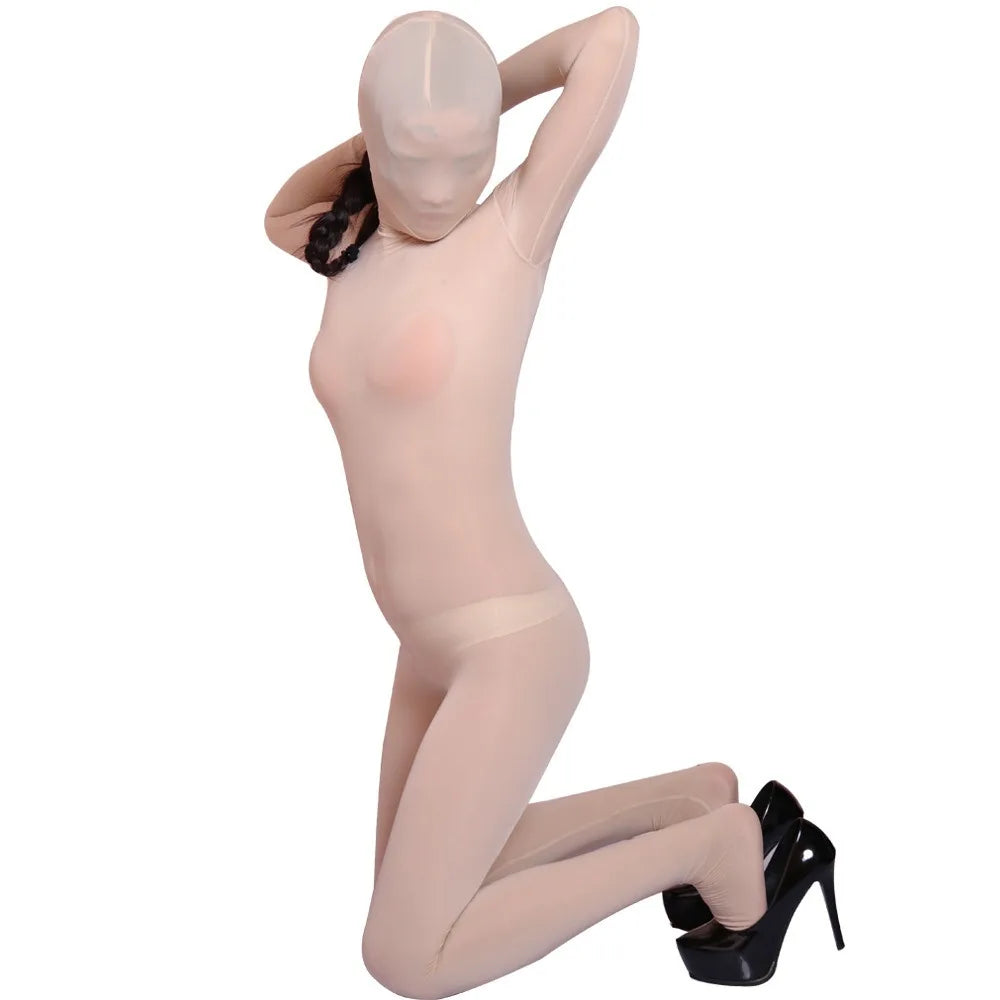 Sexy See Through Ice Silk Full Wrap One-piece Tight Jumpsuit High Elastic Home Corset Zipper Open Crotch Bodysuit