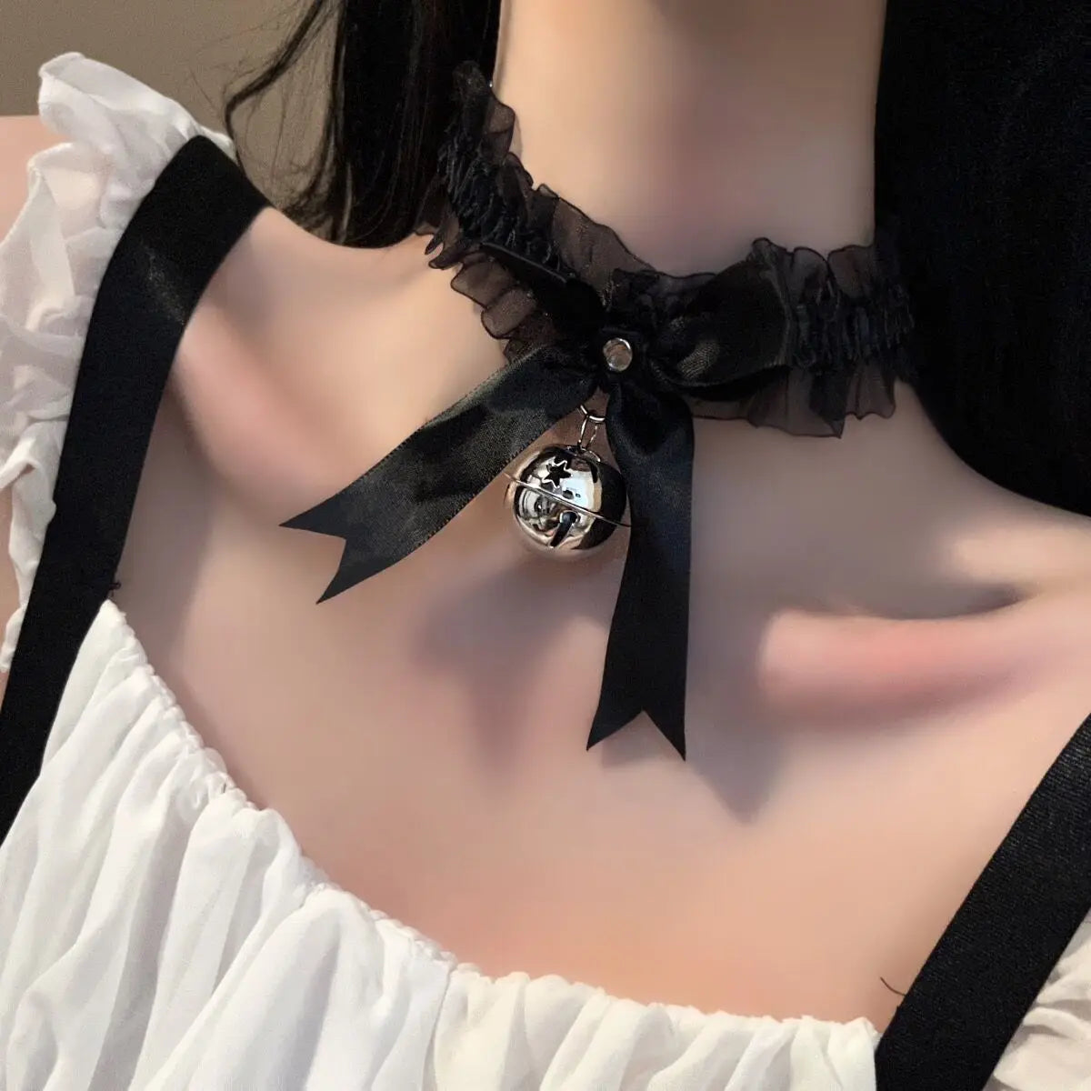 Black Lace Choker with Bell Bow Kawaii Lolita Neck Collar Necklaces for Women  Aesthetic Gothic Cosplay Versatile Accessories