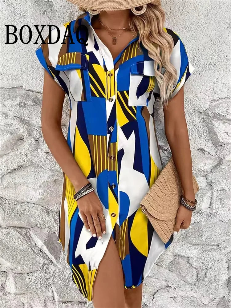 Women's Geometric Print Button Shirt Dress