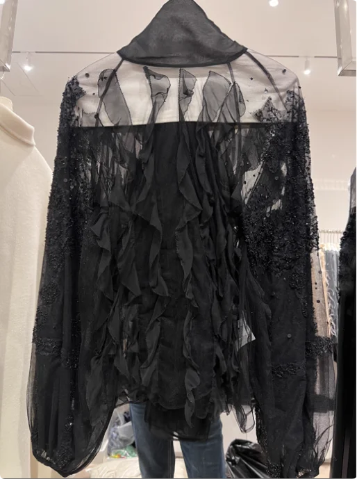 Sexy Ladies Transparent Shirt Fashion Women's Silk Blouse High Quality Summer Chiffon Shirt With Ruffles