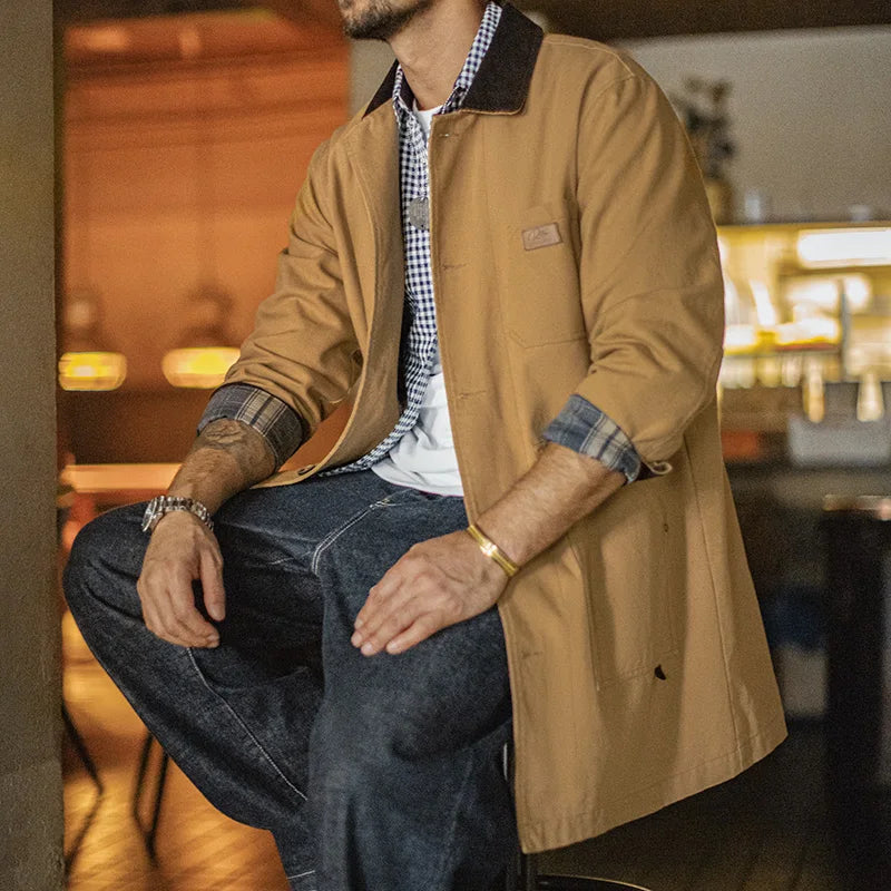 Maden Men’s Vintage Michigan Jacket Mid-length Barn Loose Fit Heavyweight Canvas Coat Khaki Workwear Autumn Casual Outerwear