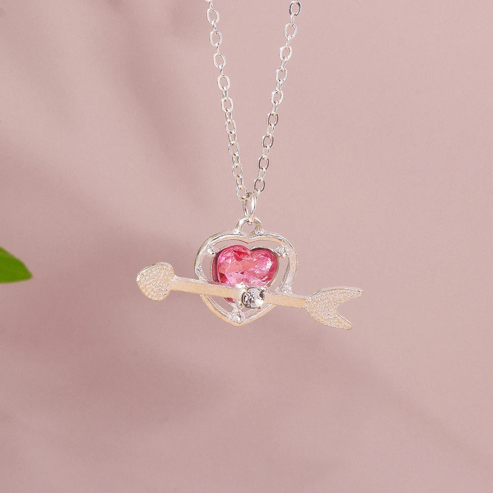 Pink Zircon Heart & Bow Pendant Necklace