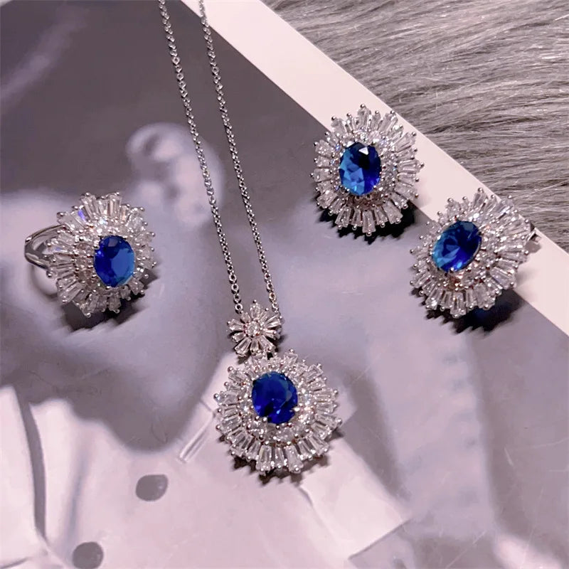 Blue Floral Crystal Necklace, Earrings & Ring Set