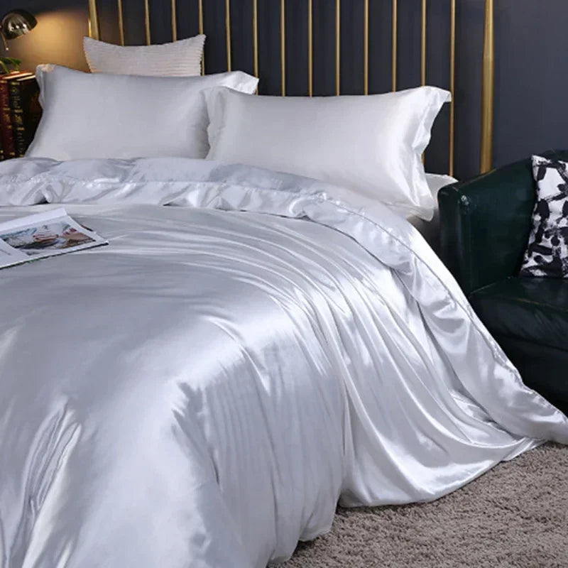 Luxury Solid Color Silk Satin Bedding Set European Smooth Skin-Friendly Bedclothes Soft Breathable Home Textile for Four Seasons