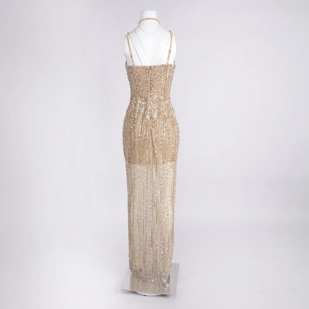 Sexy Gold Sequin Evening Dresses for Women – Luxury Crystal Beaded Prom Dress with High Slit Formal Party Mermaid Gown for Gala