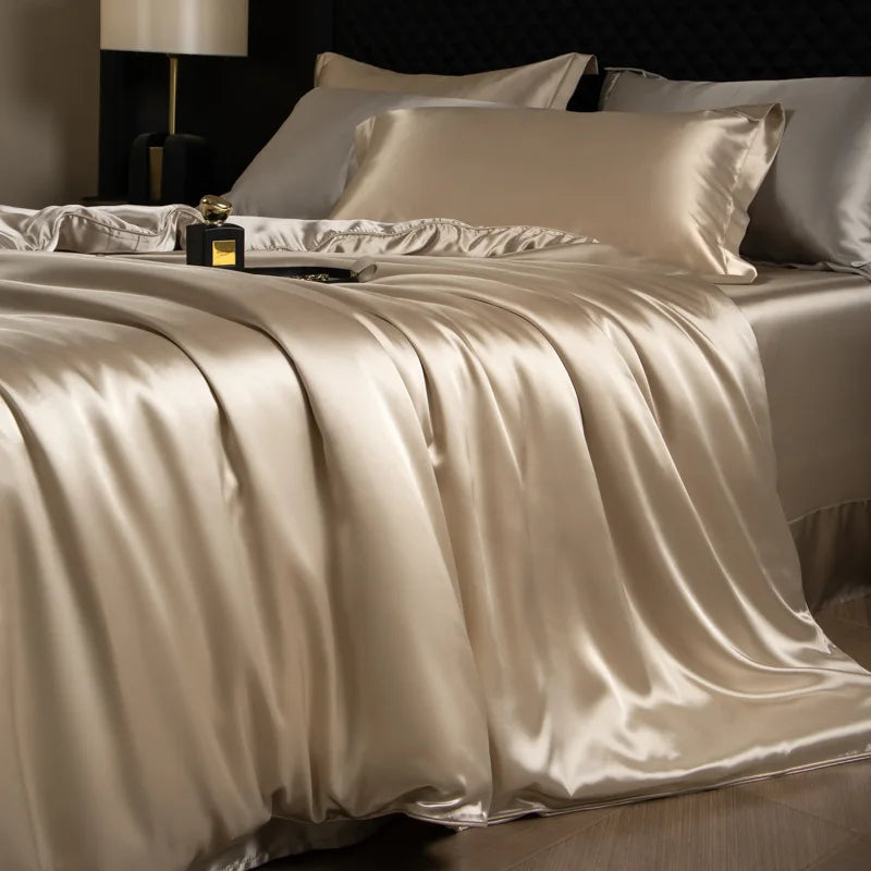 Luxury Solid Color Silk Satin Bedding Set European Smooth Skin-Friendly Bedclothes Soft Breathable Home Textile for Four Seasons