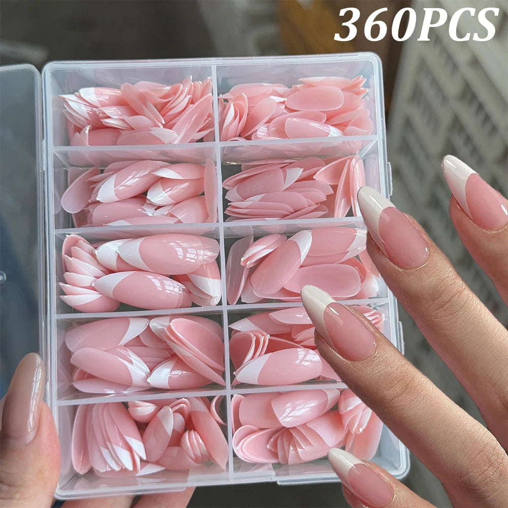 360/240/120pcs Light Pink Almond Press On Nails Glossy White French Fake Nail Simple Full Cover Fake Nails Soft Gel Nail Tips*%&
