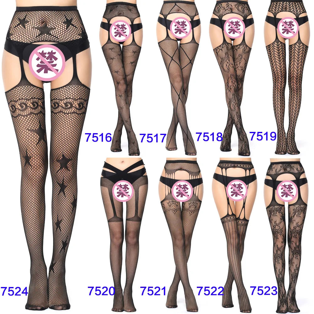 Women Thigh High Stockings With Garters Sexy Lingerie Pantyhose Hosiery Suspender Over Knee Socks Black Tights Fishnet Stockings