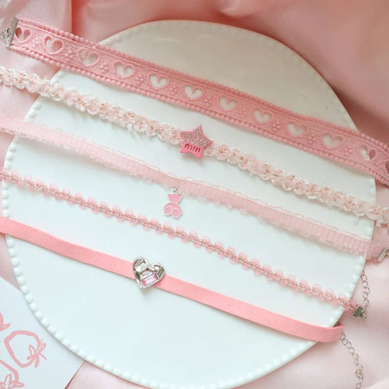 Pink Star, Bow & Bear Lace Choker Necklace