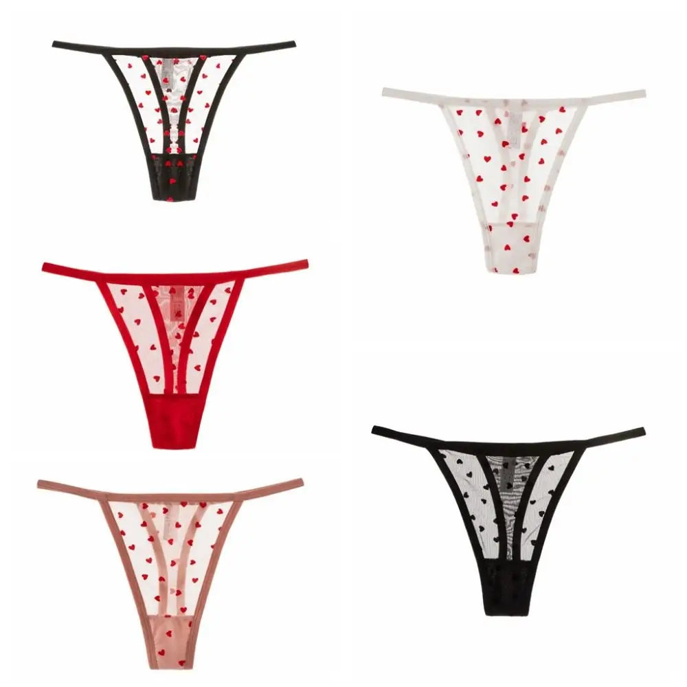 Lingerie Heart Mesh Thong Thin Strap Transparent T-back Briefs Low Waist Panties Lingerie
