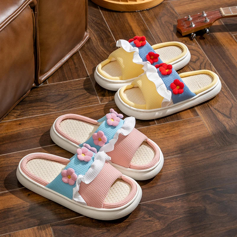 Platform Slippers Women Home Cartoon Cute Flower Designer Shoes Girls Casual House Cotton Linen Slides Flats Indoor Open Toe