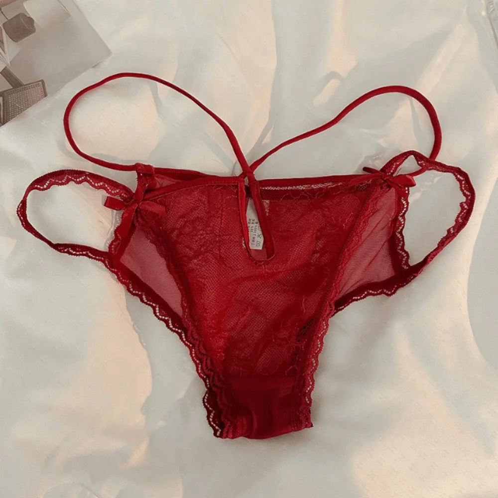 Lingerie Bow Lace Flower Panties Low Waist Hollow Lace Mesh Briefs Thin Strap Transparent Women Underwear Lady