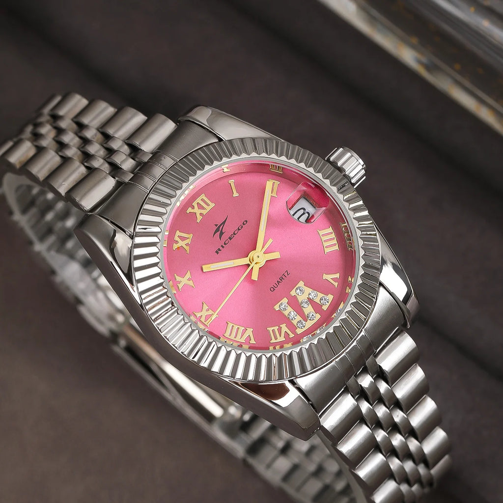 Women Watches Luxury Stainless Steel Business Fashion Classic Elegant Pink Dial Female Clock Bracelet Quartz Wristwatch