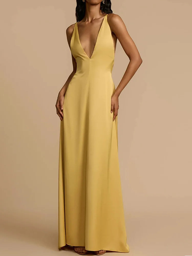 Summer Casual Dresses Elegant Ladies 2025 Sexy Deep Backless Women Slim Party Dress Sleeveless Vintage Solid Maxi Dress Vestidos