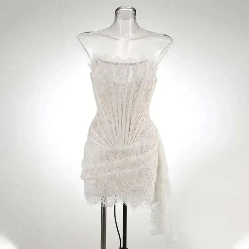 Sexy Lace See-through Corset Dress Patchwork High Waist Dress Elegant Printed Strapless Slim Evening Dress Tube Top Dress New
