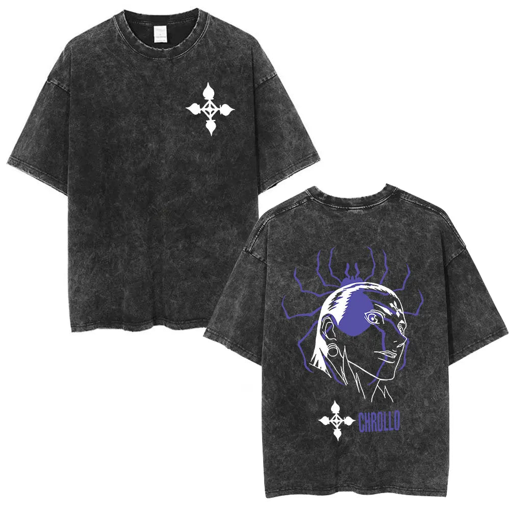 Anime Hunter X Hunter Logo Vintage Washed T Shirt Killua Gon Cherry Blossom Graphic T-shirt Men Fashion Casual Oversized Tshirt