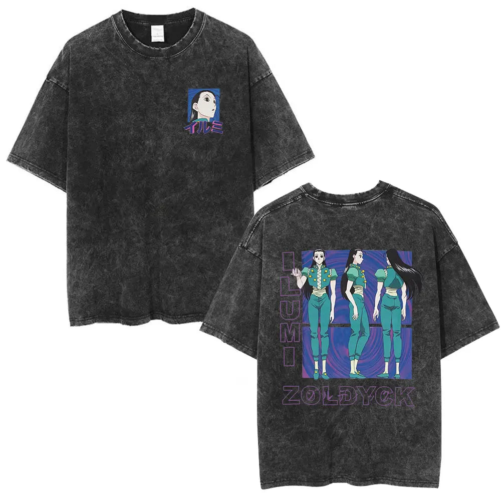 Anime Hunter X Hunter Logo Vintage Washed T Shirt Killua Gon Cherry Blossom Graphic T-shirt Men Fashion Casual Oversized Tshirt