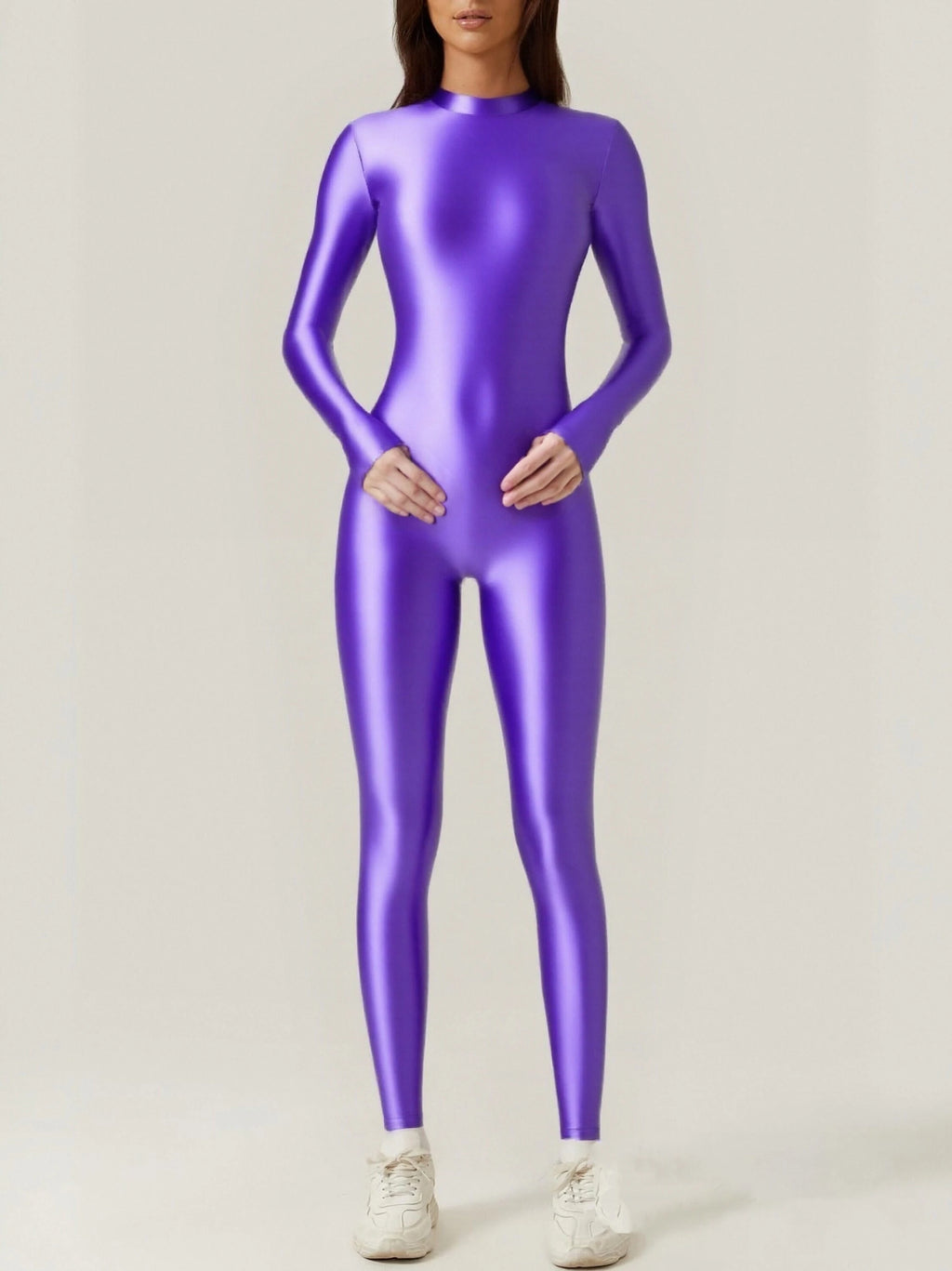 Young Satin Oil Bodysuit High Neck Zipper Long Sleeve Full Body Tight Silk Leotard Glossy Sexy Young Women's Clothing