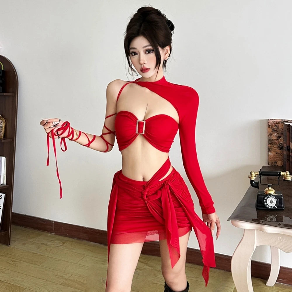 SylCue Sexy Fashion 3 Piece Set Woman Irregular Shirring Full Sleeve Shawl+Strapless Tops+Kink Design Skirts Wild Style Suits