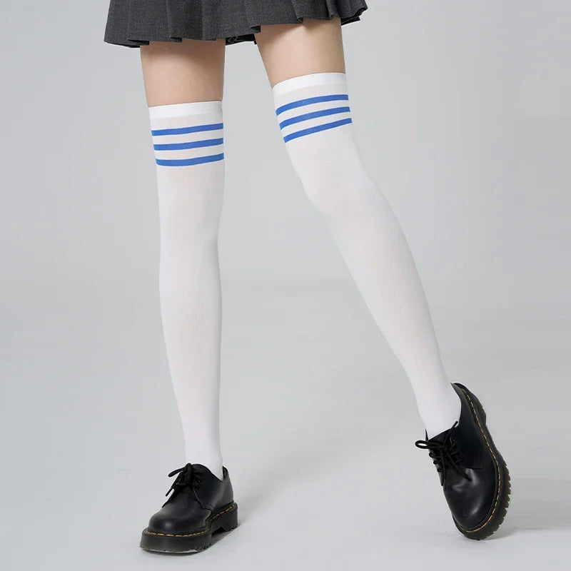 Women Thigh High Socks Striped Girls JK Long Stockings Female Ultra Thin Breathable Nylon Over Knee Socks Lady Sport Leg Warmers