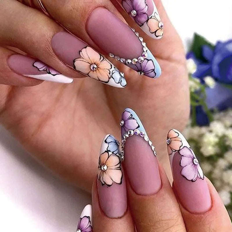 24Pcs French Fake Nail with Leopard Print Design Long Stiletto False Nails Wearabe Almond Press on Nails Full Cover Nail Tips