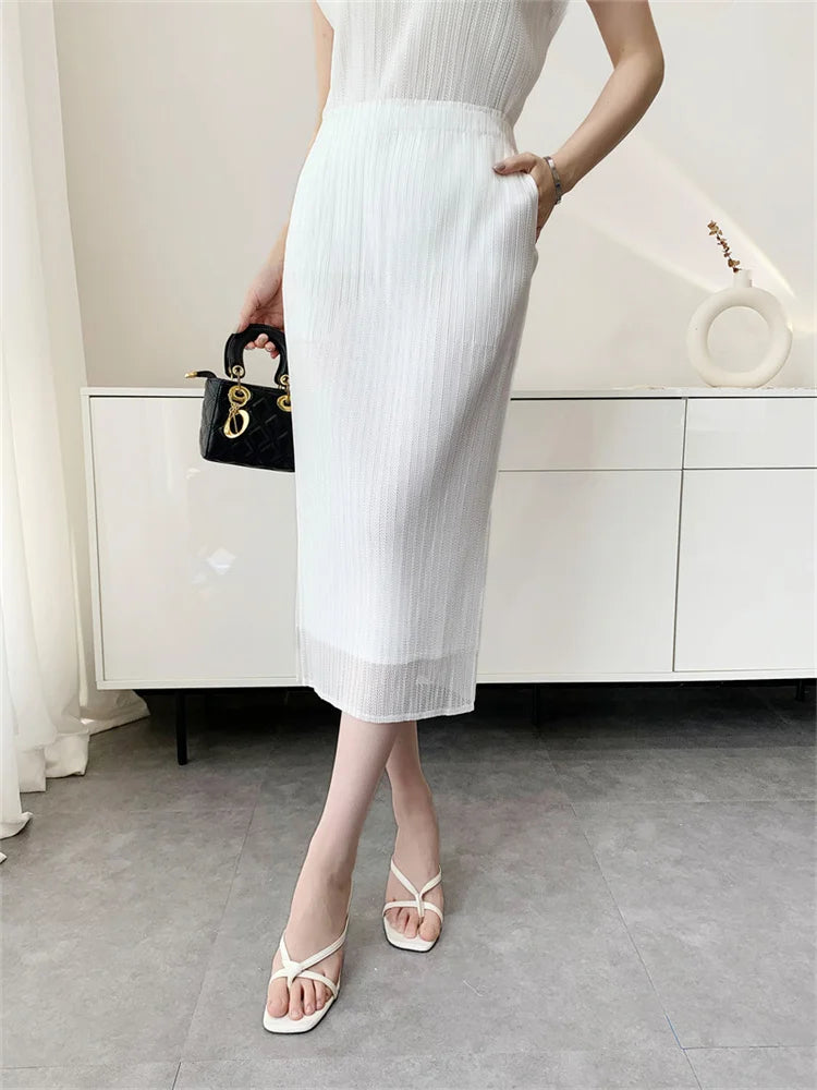 Miyake Pleated T-Shirt 2026 Summer Double-Layer Mesh Short-Sleeve Top Women's Stretch Skirt Simple Elegant Draped Commuter Set