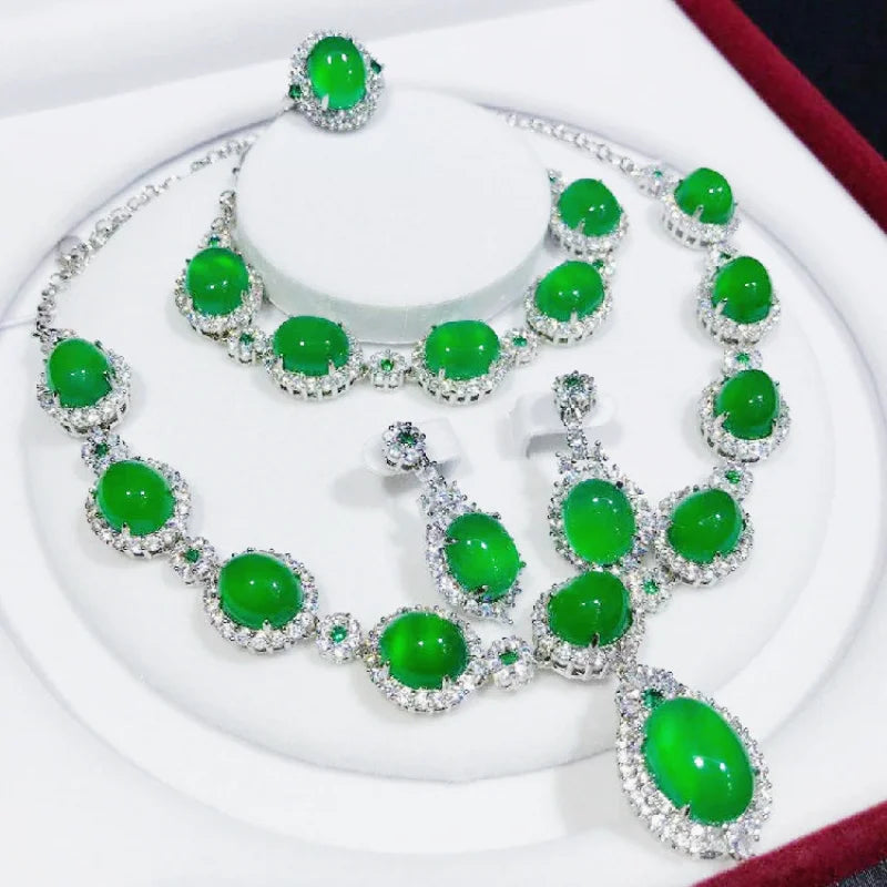 Handmade Jade Diamond Jewelry set 925 Sterling Silver Wedding Ring Earring Necklace Bracelet For Women Bridal Engagement Jewelry