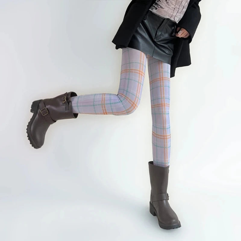 Womens Sexy Thigh High Tights Stockings Plaids Printed Pantyhose Stockings Leggings Socks Long Body Thigh High Stockings