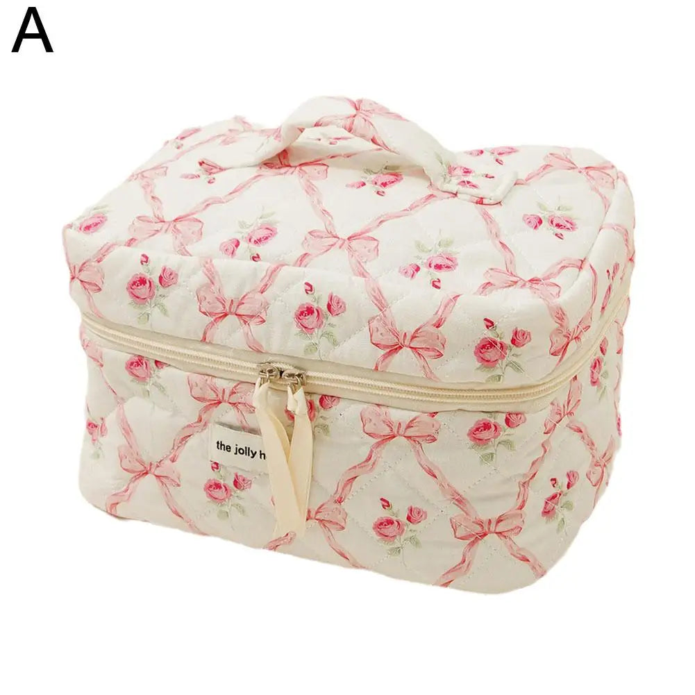 Quilted Bow Floral Makeup Bag