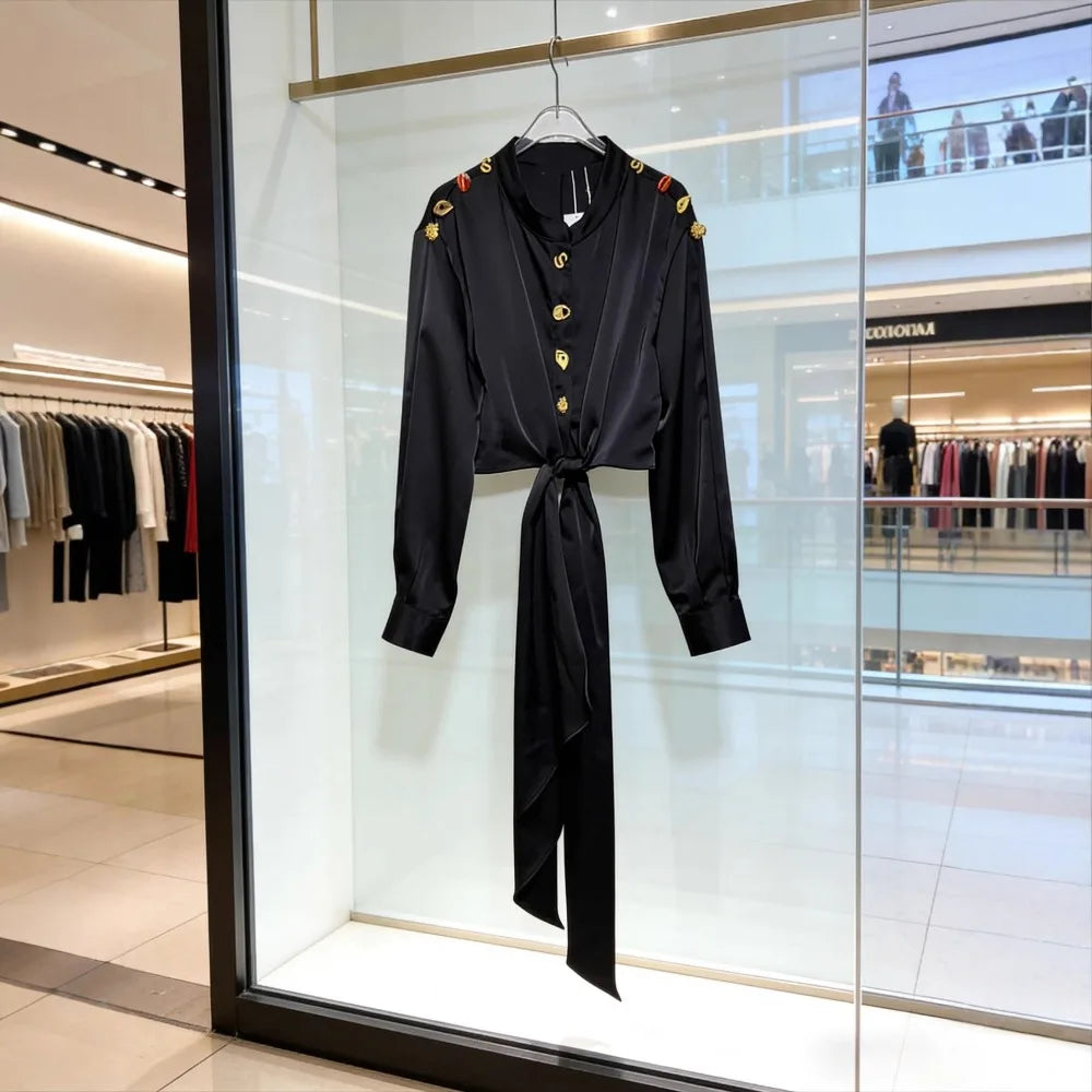 High Street Shirts Women's New Style Shirt with Metal Buttons and Waist Cinching Straps Versatile and Fashionable Shirt