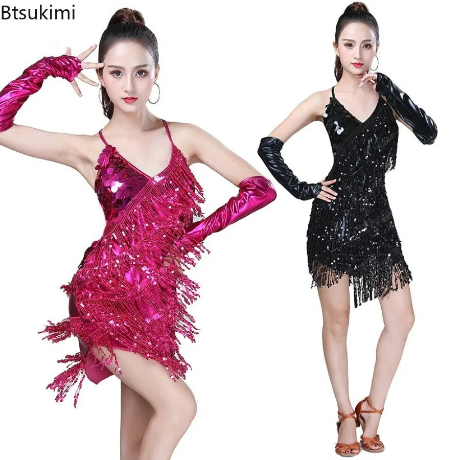 Women's Sequin Tassel Latin Dancing Dress Sexy Latin Dress Stage Performance Costumes V-Neck Backless Lace-up Mini Party Dress