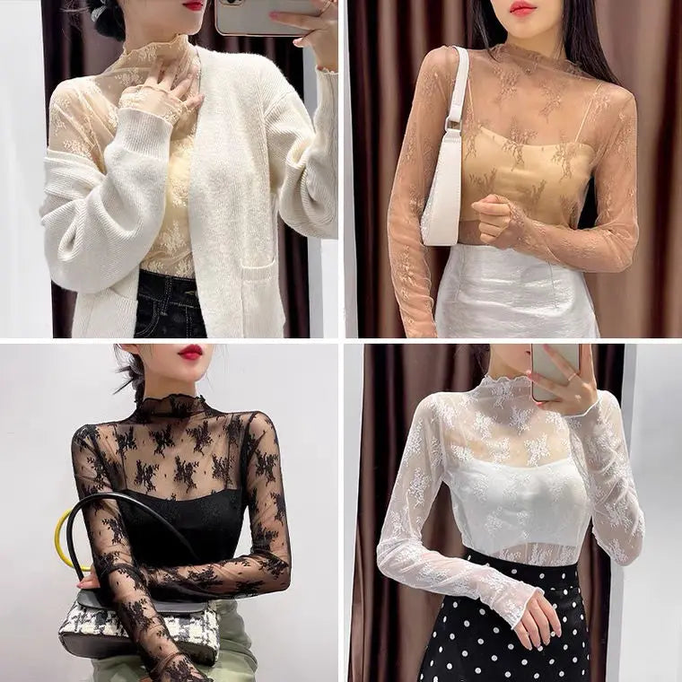 Sexy Women T Shirt See Through Transparent Mesh Tops Long Sleeve Sheer Slim Ladies Turtleneck Bright Silk T-Shirt Lace Crop Top