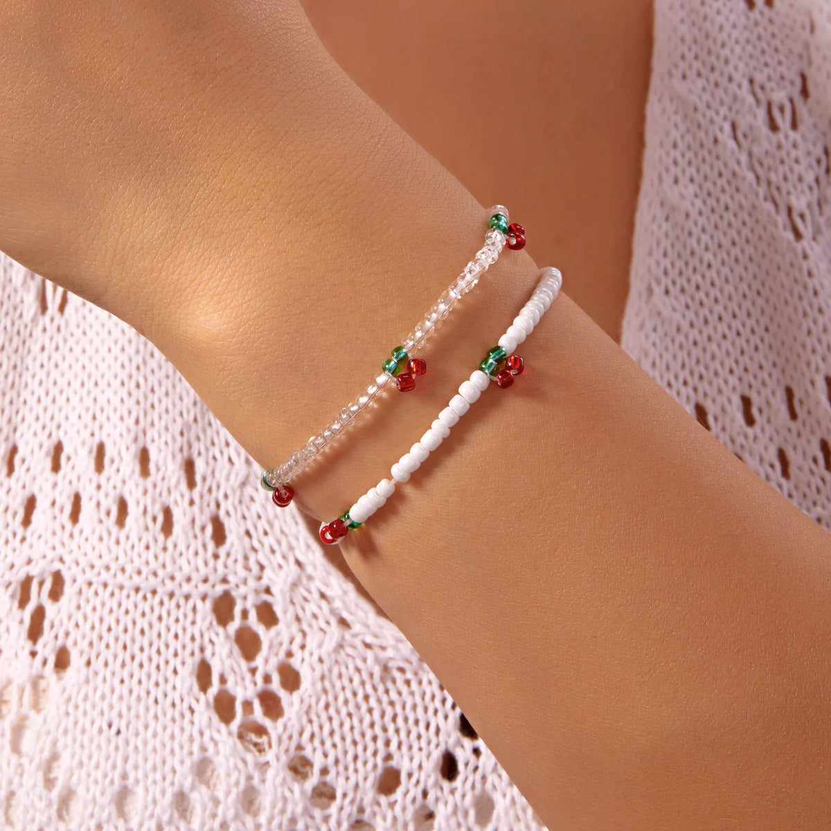 Red Cherry Beaded Charm Bracelet