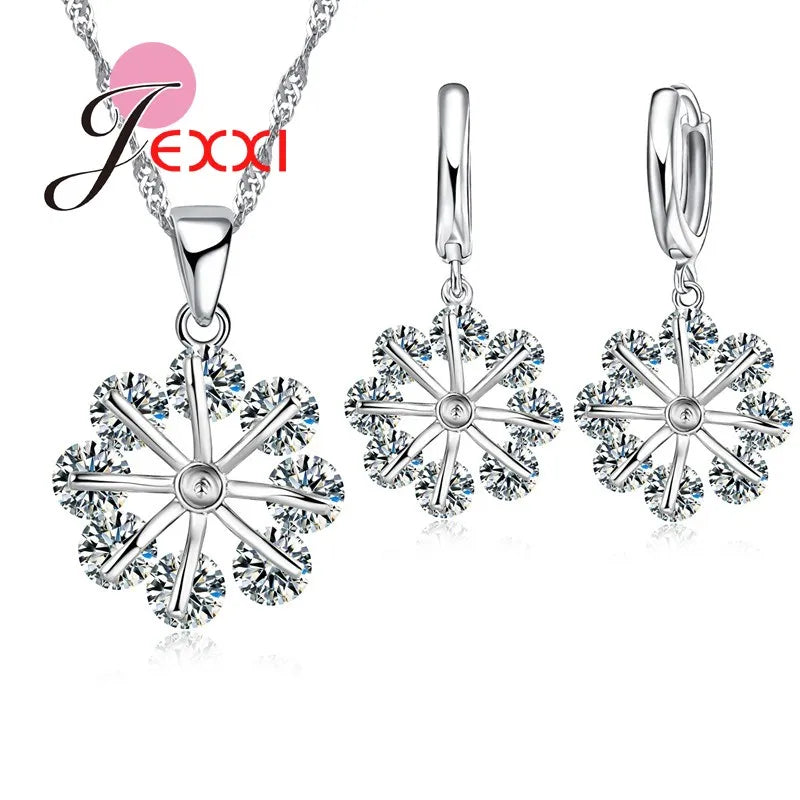 Romantic Wedding Collier Jewelry Sets 925 Sterling Silver Chain Clear Crystal Snowflake Necklace Drop Earrings Bijoux