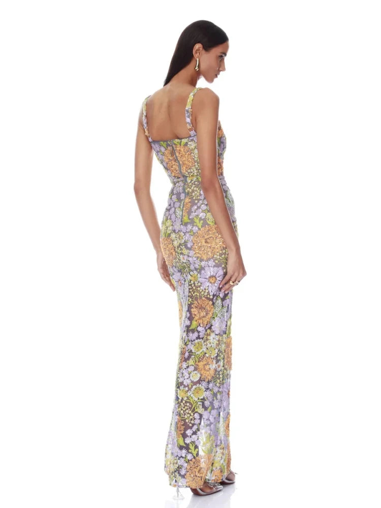 Sexy Spaghetti Strap Sparkling Sequin Floral Maxi Dress Women Sleeveless Embroidery Sequins Split Dresses Evening Party Gowns