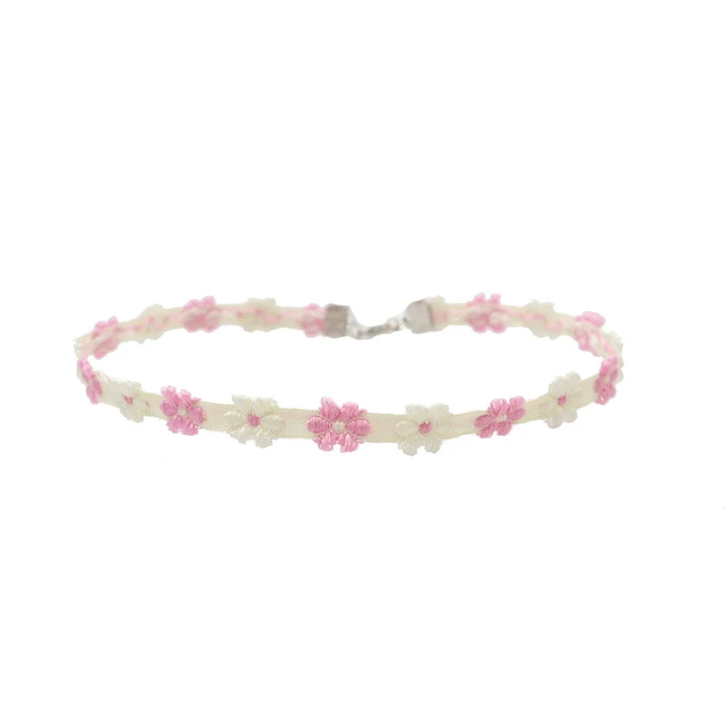 Women's Pink Lace Pearl Pendant Choker