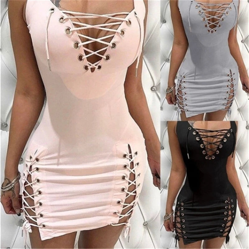 Womens Dresses 2025 New Summer Solid Color Deep V-neck Sexy Slim Fit Eyelet Lace Up Sleeveless Casual Daily Mini Dress