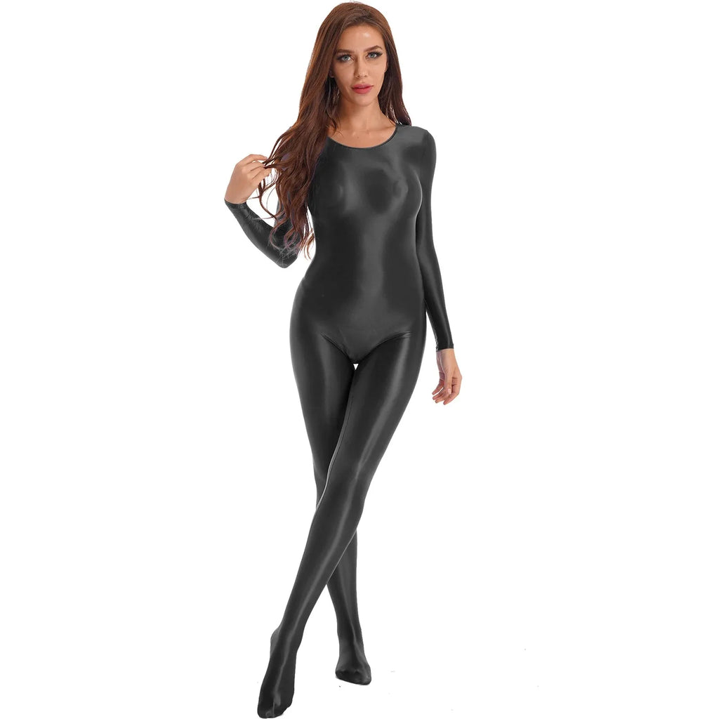 Women's Sexy Jumpsuits Long Sleeves Shapping Bodysuit Tight Elastic Oil Glossy Candy Color Unisex Leotard Exotic Club Clothing