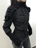 Vintage Harajuku Korean Gothic Womens Hooded Black Jacket Loose Fur Collar Coat Subcultural Youth Casual Street Daily Outfit