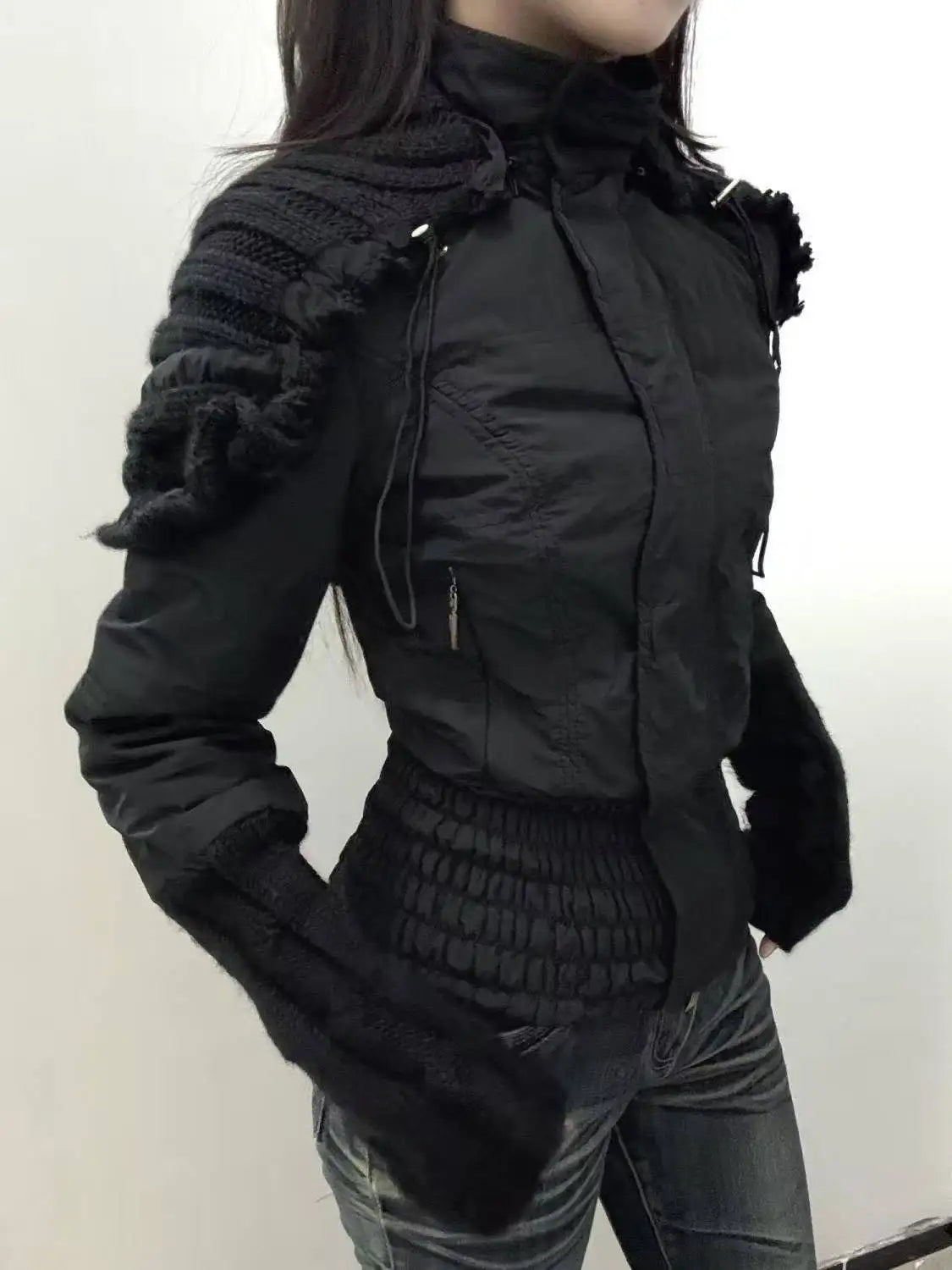 Vintage Harajuku Korean Gothic Womens Hooded Black Jacket Loose Fur Collar Coat Subcultural Youth Casual Street Daily Outfit